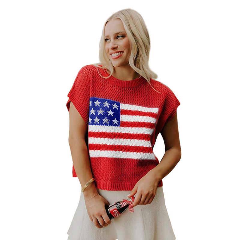Women's Short-Sleeve Pullover Sweater With Crew Neck And National Flag Print