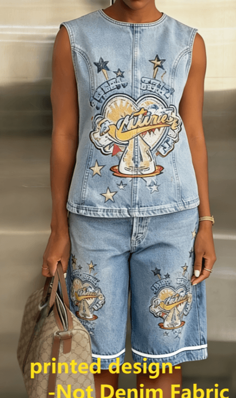 Sleeveless Denim Top Wide-Leg Shorts Casual Two-Piece Set