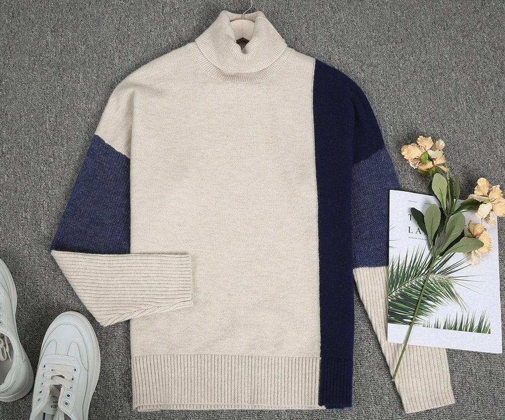 Bestselling Patchwork Color-Block Loose Turtleneck Sweater