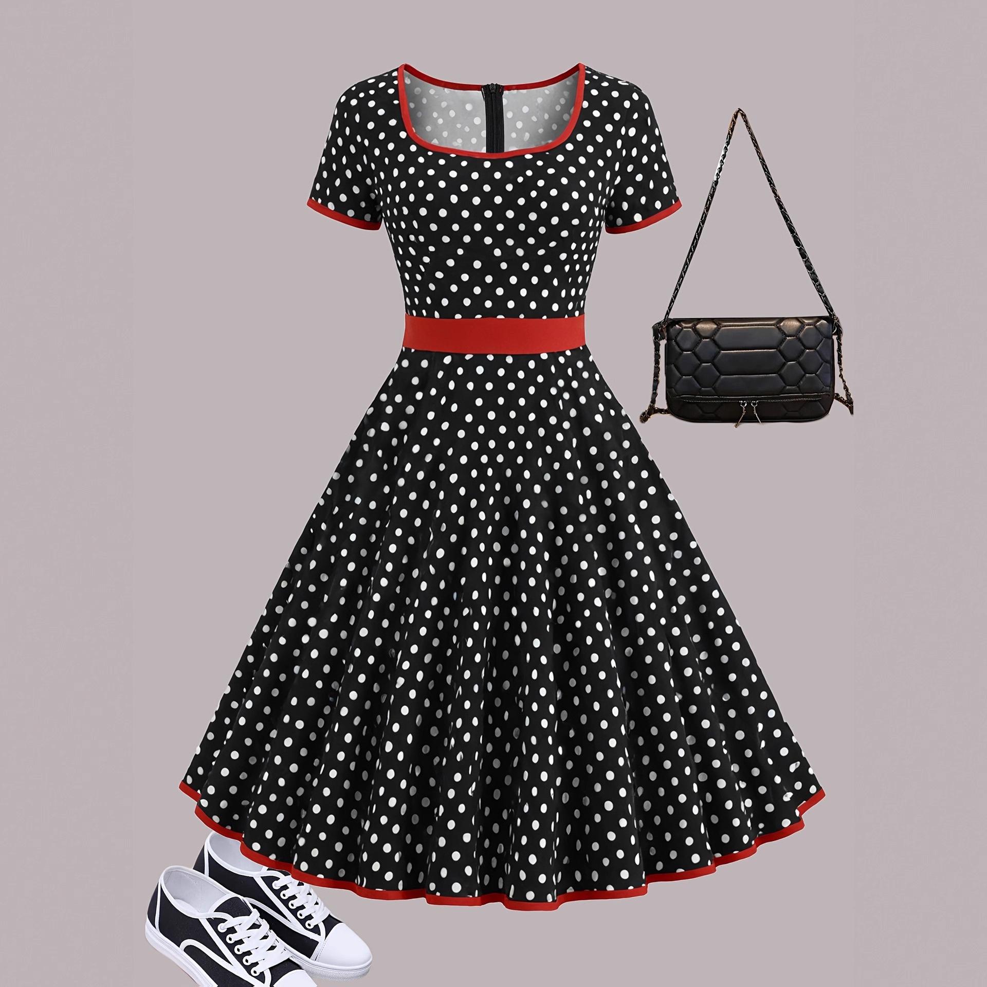 Elegant Style Square Collar Short Sleeve Polka Dot Zipper Pleated Dress