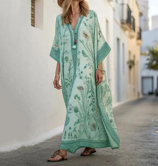 Long Sleeve Kaftan Linen Vacation Maxi Dress