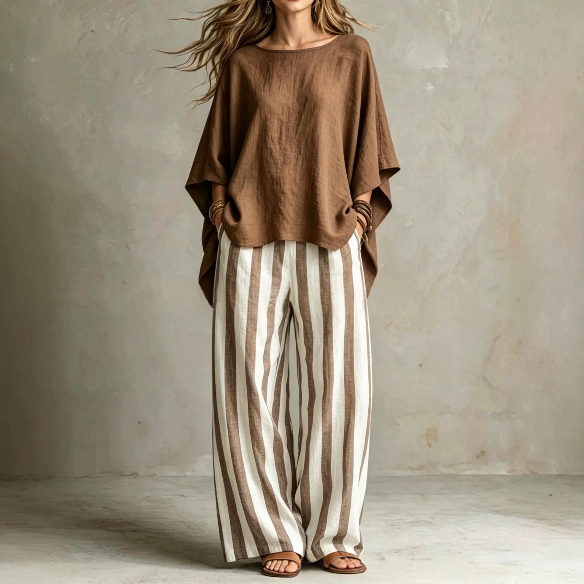 Womens Striped Pants And Cotton-Linen Top Set With Batwing Sleeves