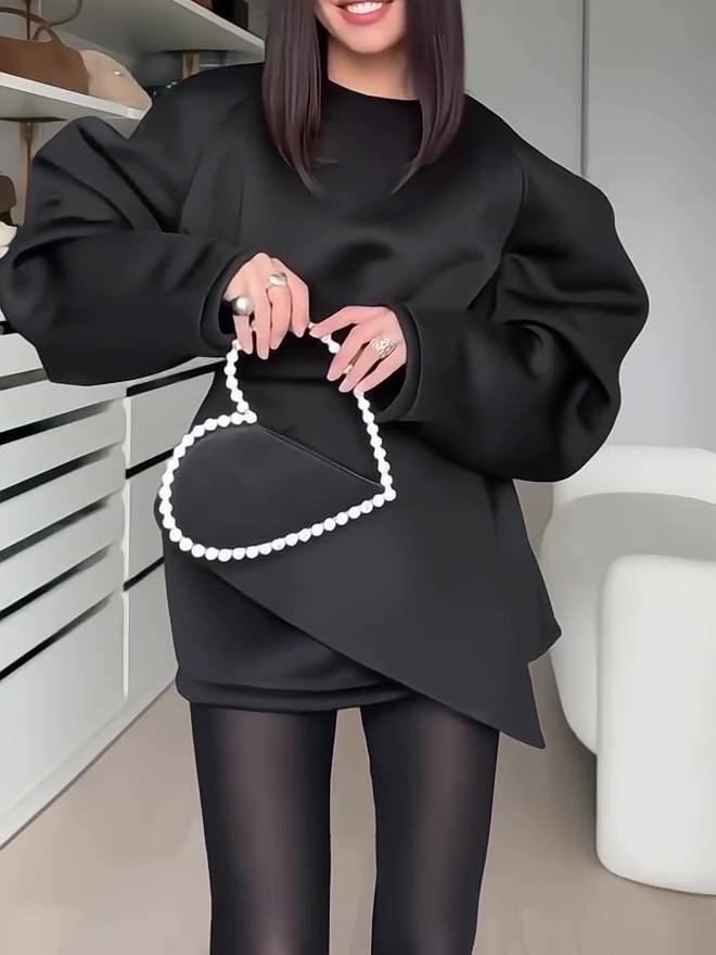 Black Oversized Puffed-sleeve Asymmetrical Mini Dress