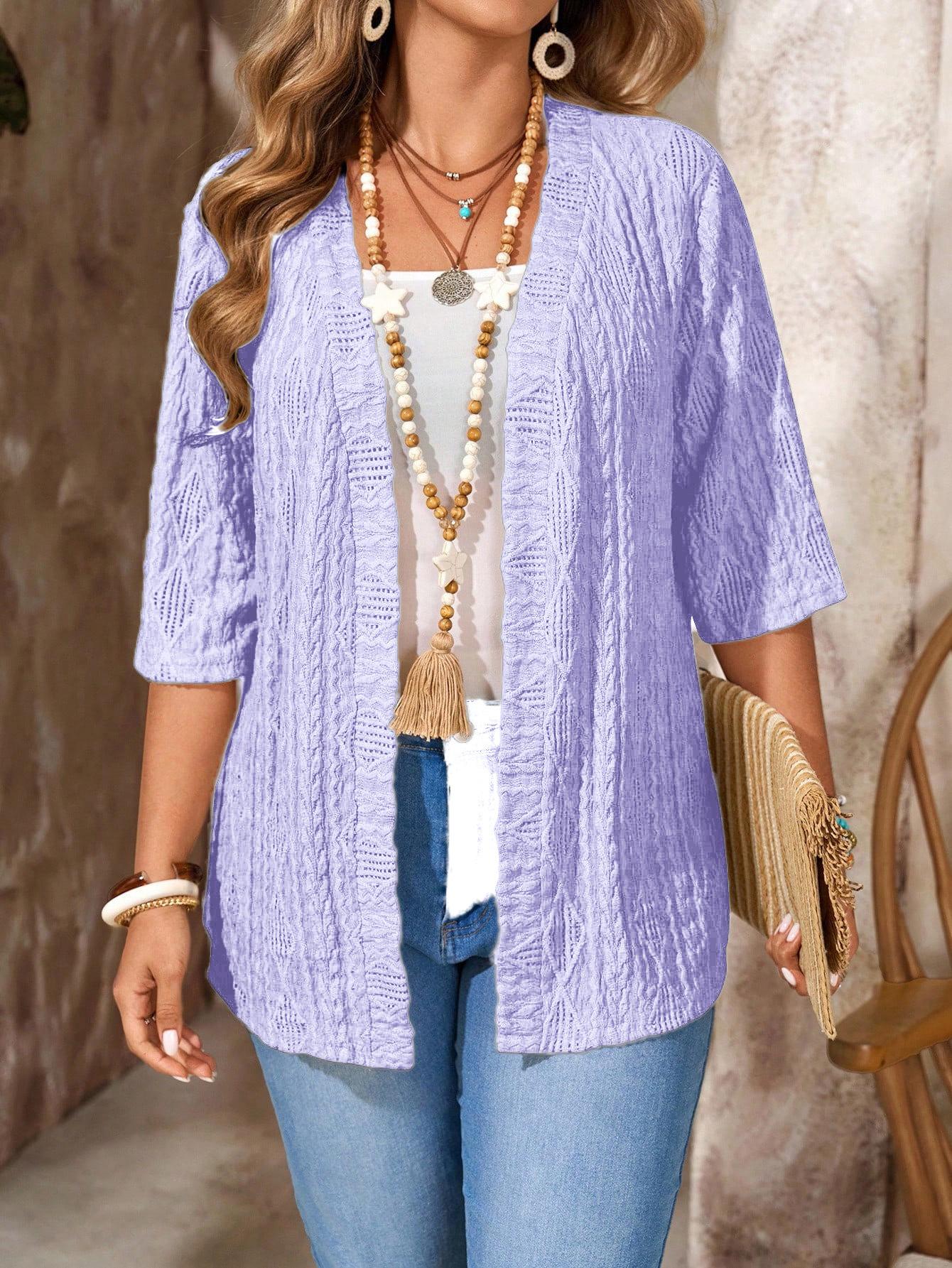 Womens Plus-Size Casual Hollow-Out Cardigan Solid-Colored Top