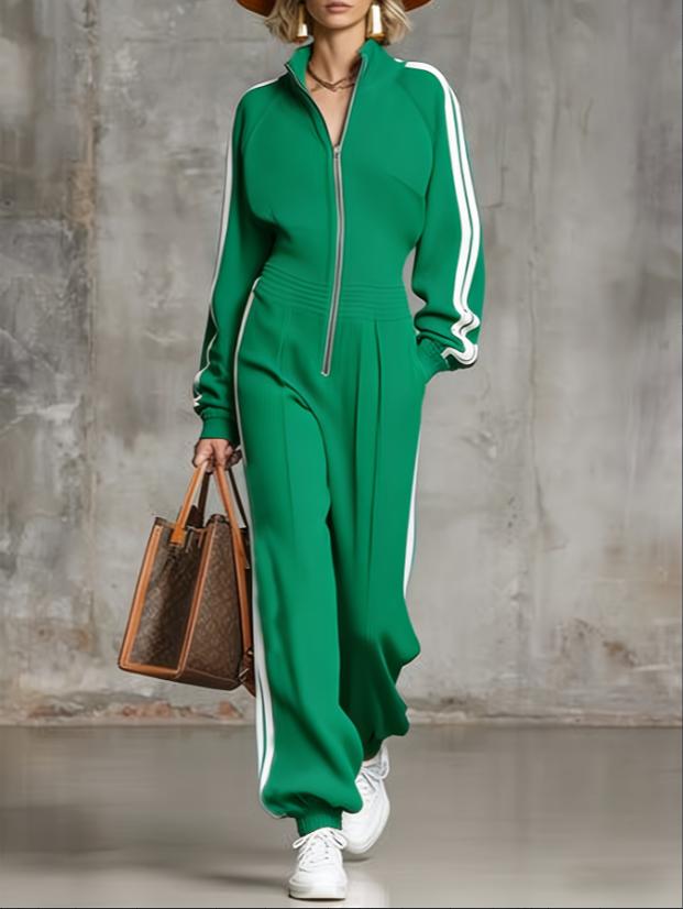 Stand Up Collar Zipper Striped Wide Leg Jumpsuit