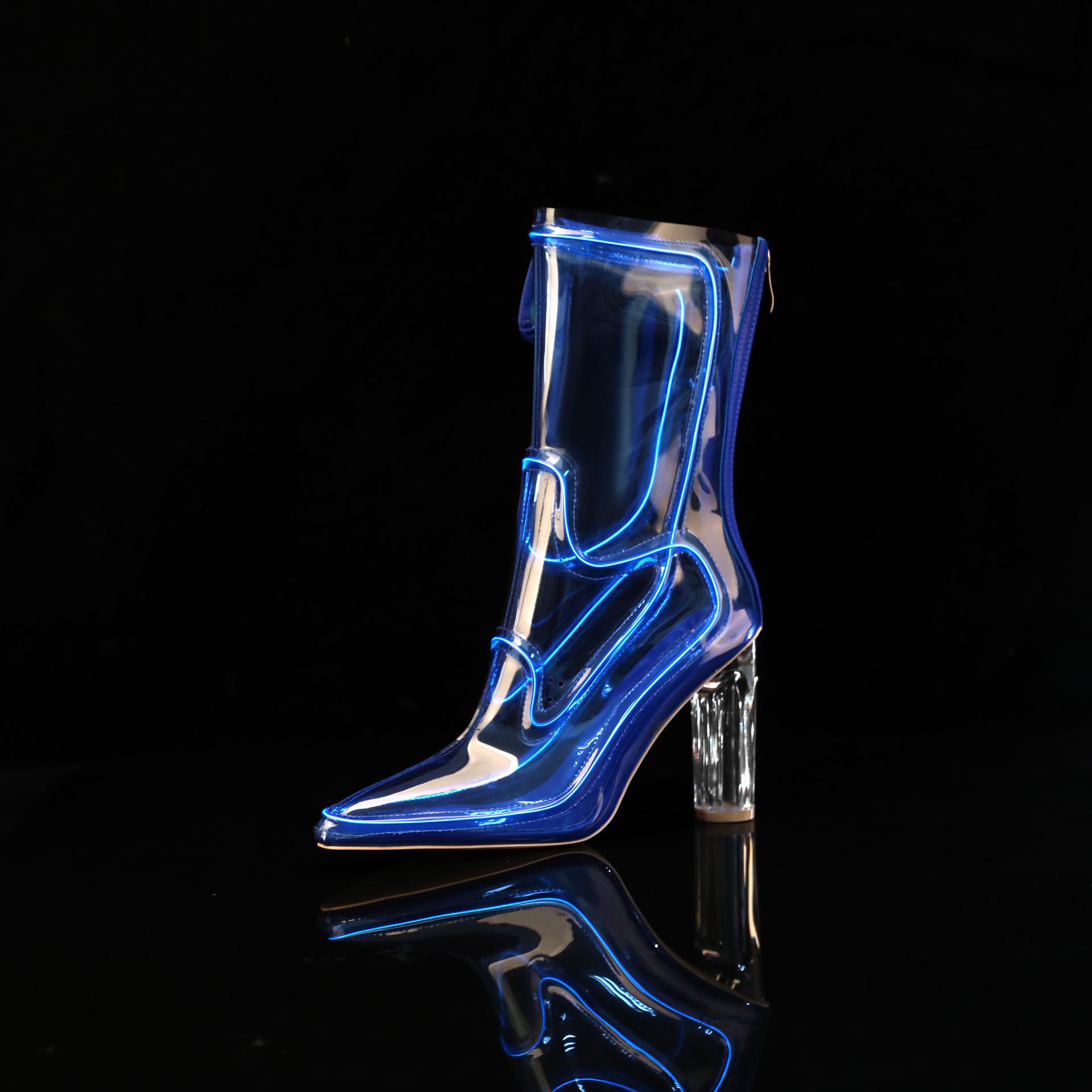 New Transparent Film Pointed-toe Chunky-heel Mid-calf Womens Boots With A Back Zipper