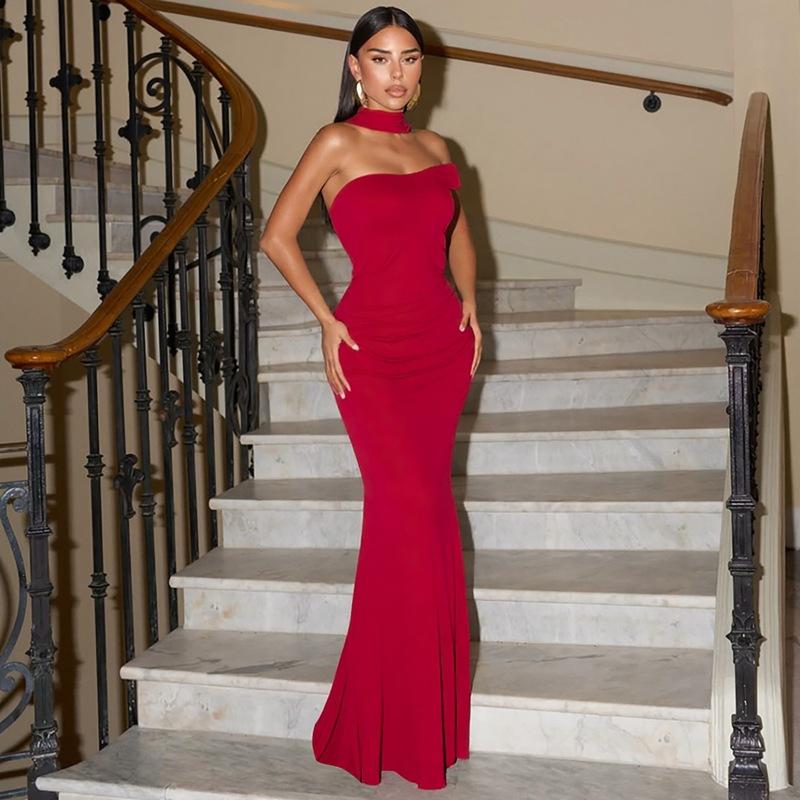 Women's Slim Fit Backless Ribbon One-shoulder Tube Top Dress