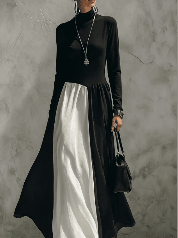 Black And White Contrasting High Neck Long Sleeved Patchwork Large Swing Long Dress