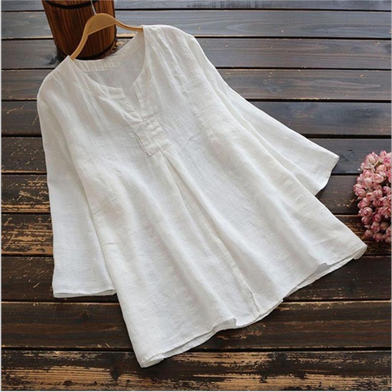 Plus-size Womens Casual Loose-fit Cotton And Linen Top