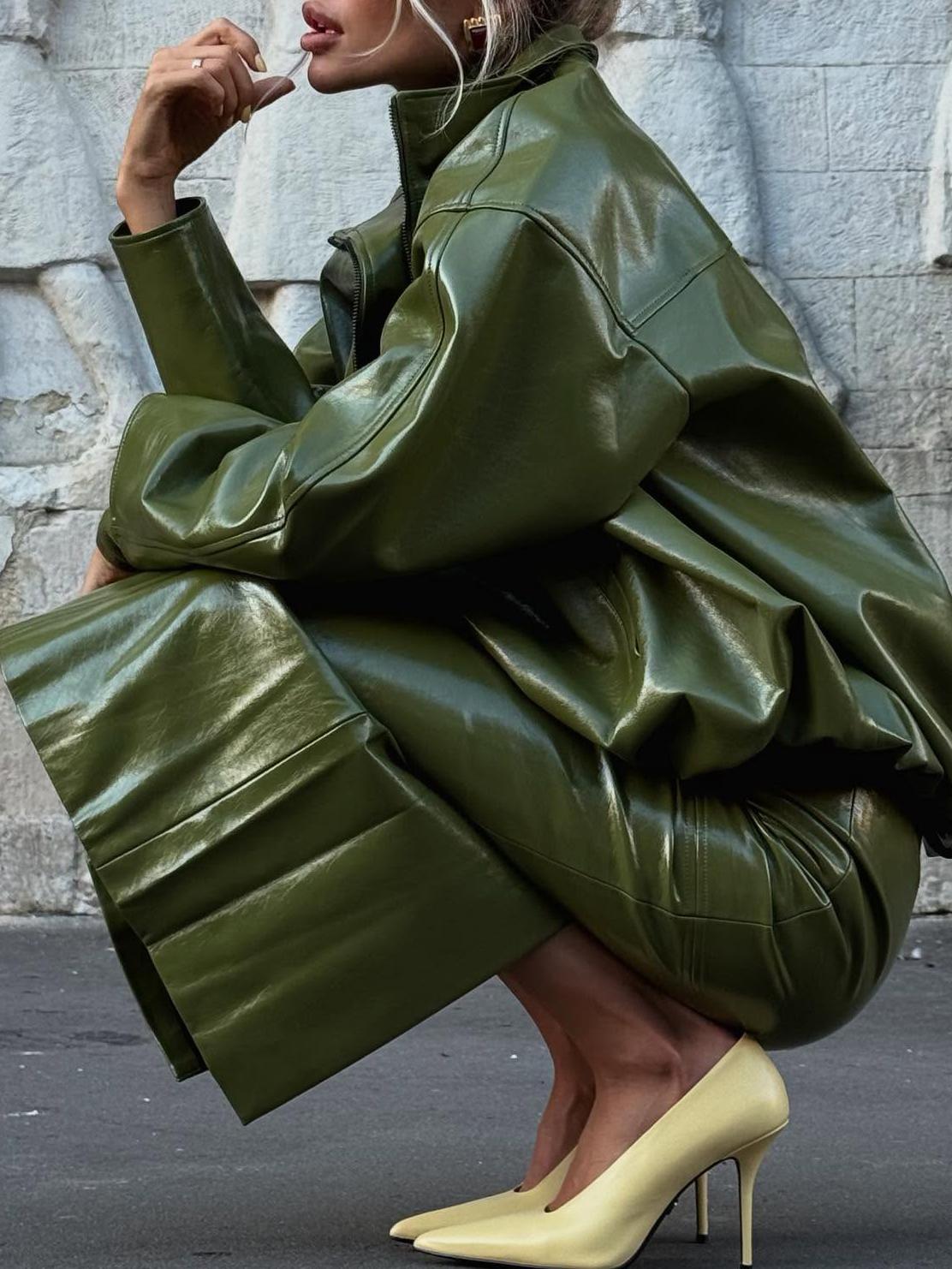 Olive Green Faux Leather Jacket And Midi Skirt Set