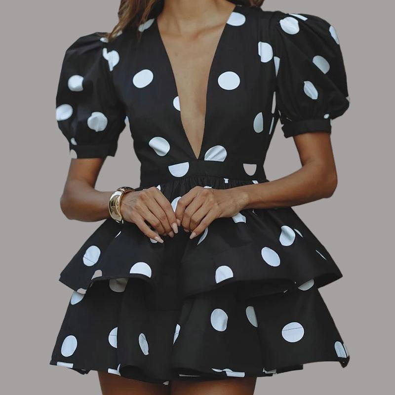 White Polka-dot Cinched Lace-up Women's Skirt