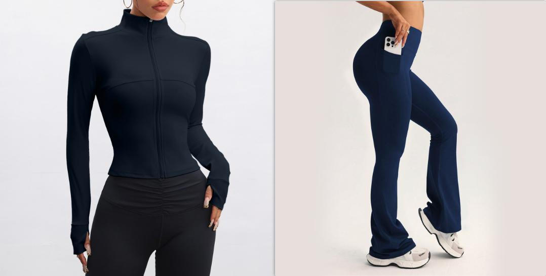 Stand Collar Long-sleeve Zipper Jacket High Waist Pocket Wide Leg Pants Suit