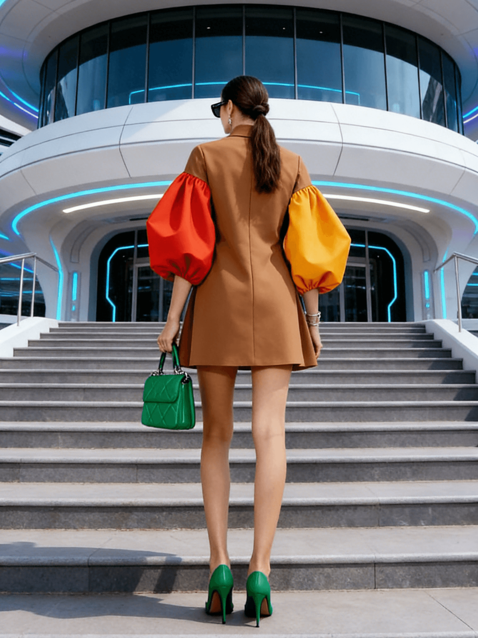 Caramel Turtleneck Color-Block Puff Sleeve Oversized Mini Dress