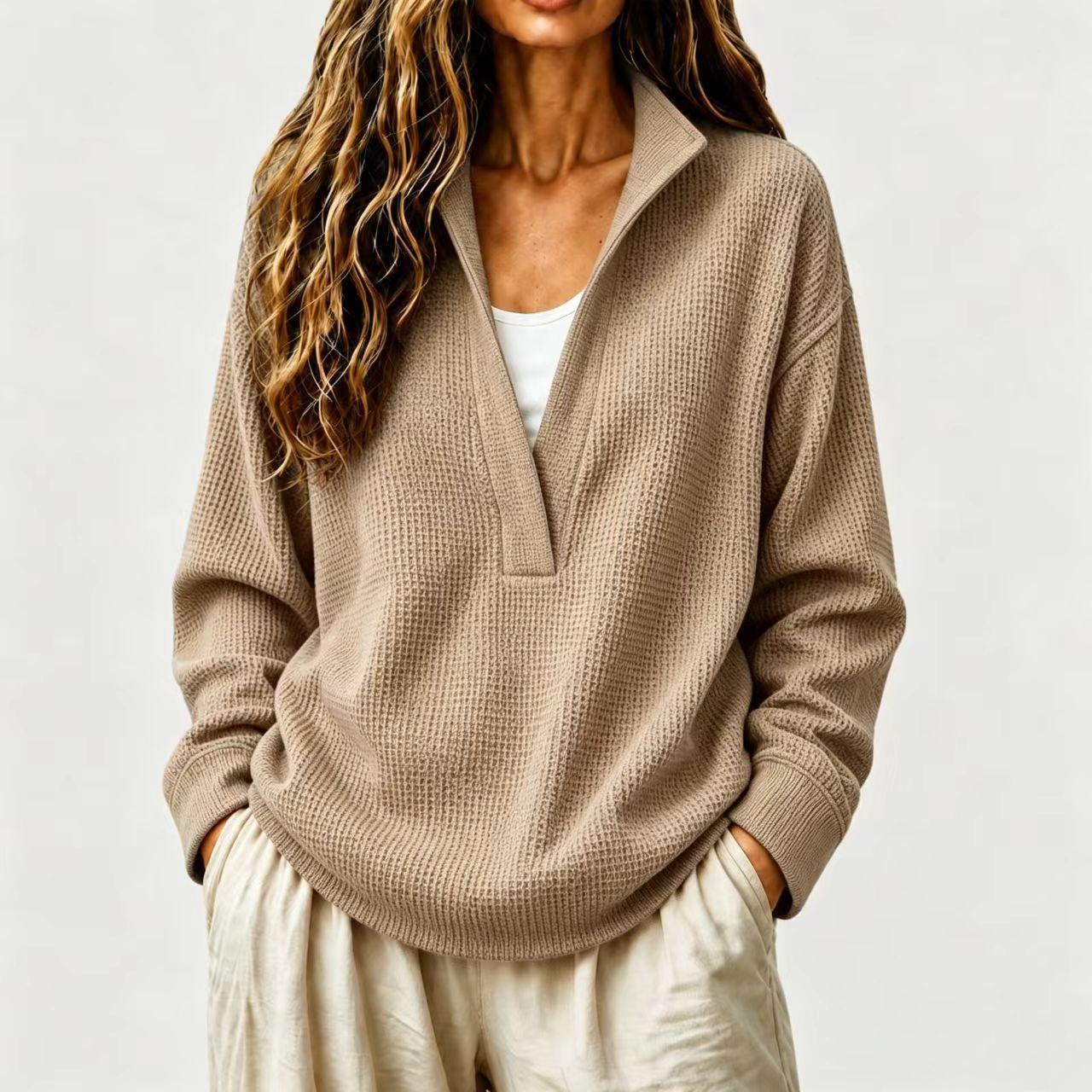 Womens Solid-color Long-sleeve Casual Loose-fitting Top
