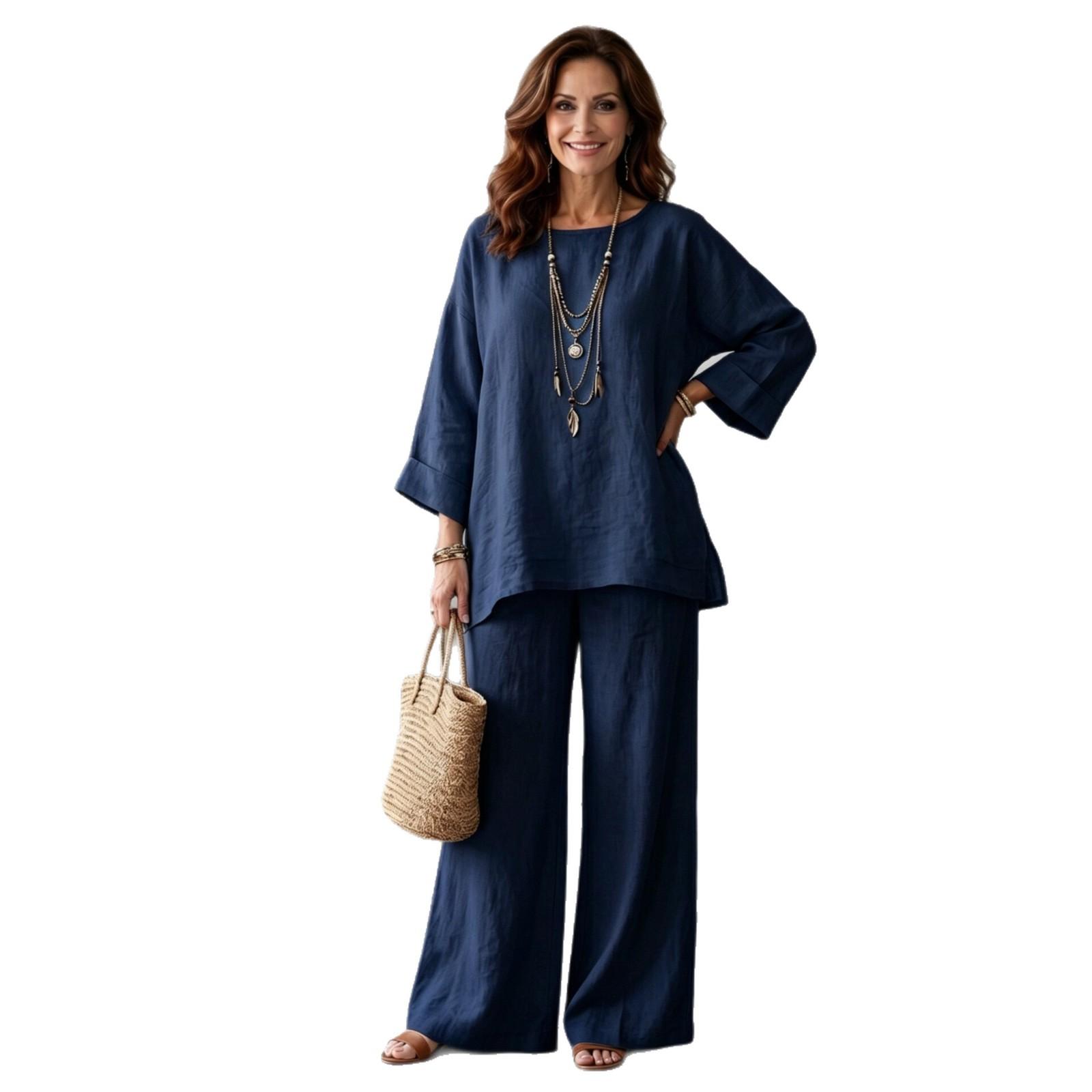 Women's Loose Round-Neck Shirt And Wide-Leg Pants Set