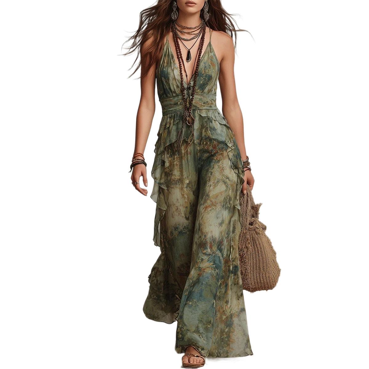 Womens Floral Halterneck V-Neck Sleeveless Dress
