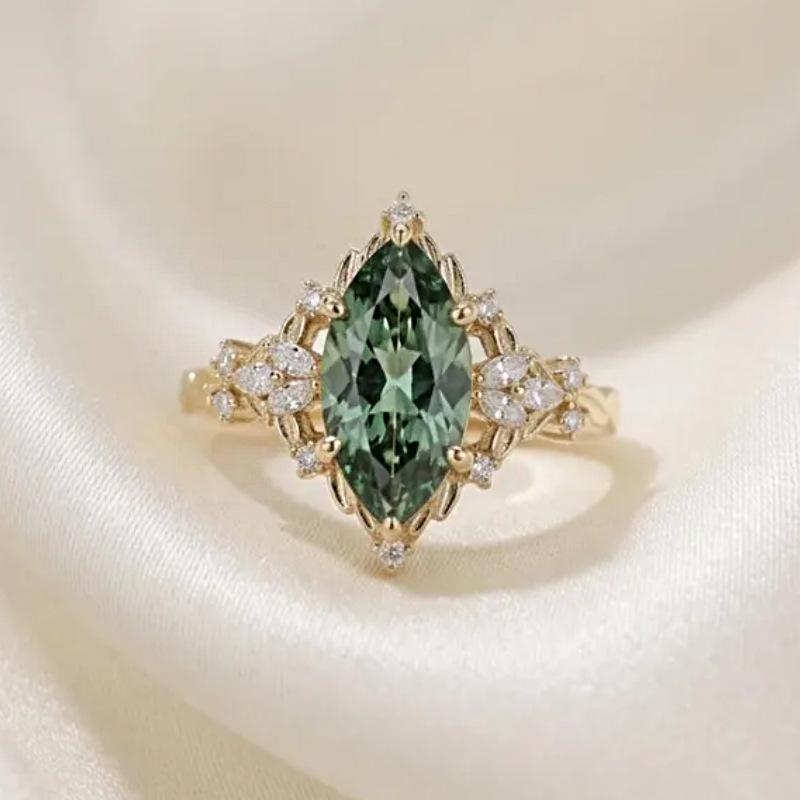 Floral Openwork Green Diamond Ring For Women