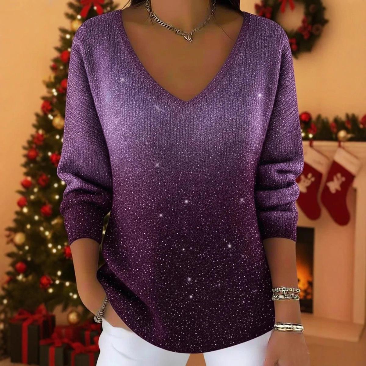 New Drop-shoulder V-neck Long-sleeve Printed Women's Pullover
