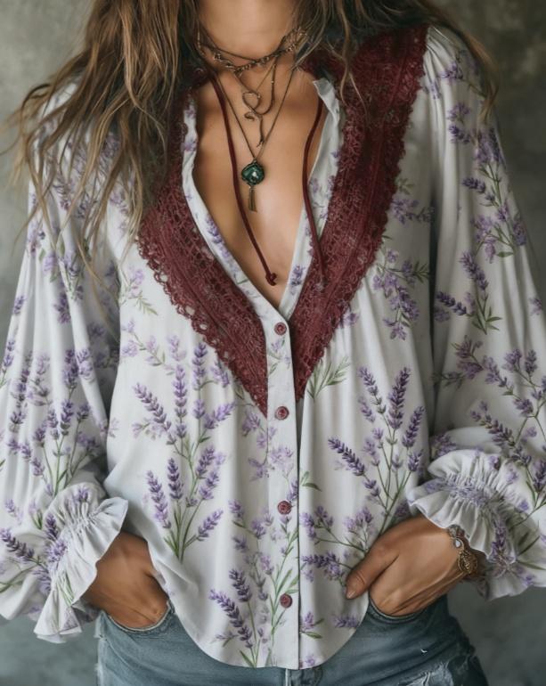 Retro-style Openwork Lace Deep V Lantern Sleeve Women's Loose Chiffon Blouse Top