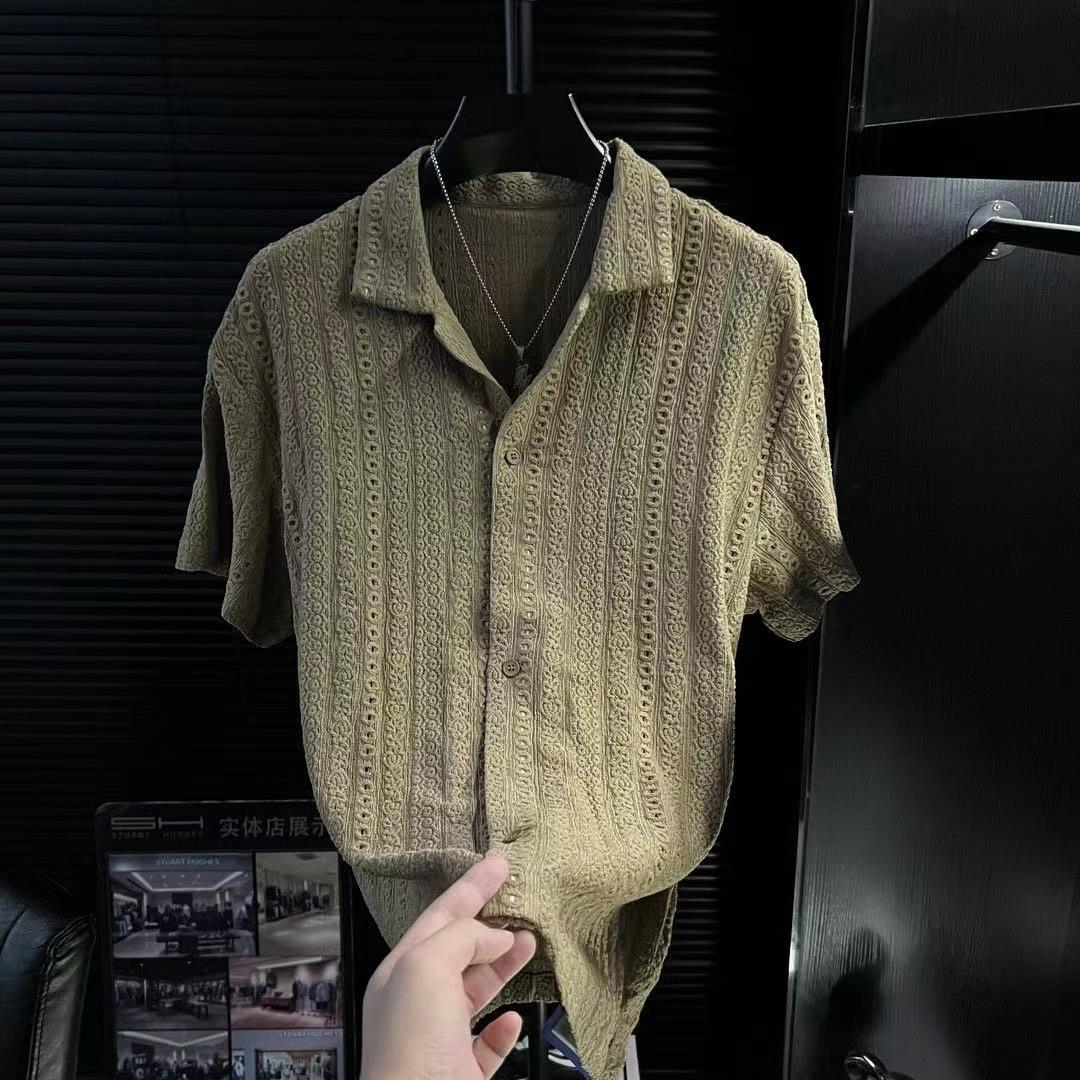 Men's Cool-Feel Cuban Collar Hollow-Out Short-Sleeve Shirt