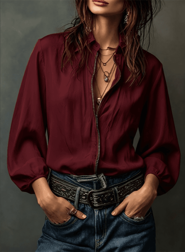 Collar Full Metal Zip Front Puff Cuff Long Sleeve Burgundy Casual Blouse