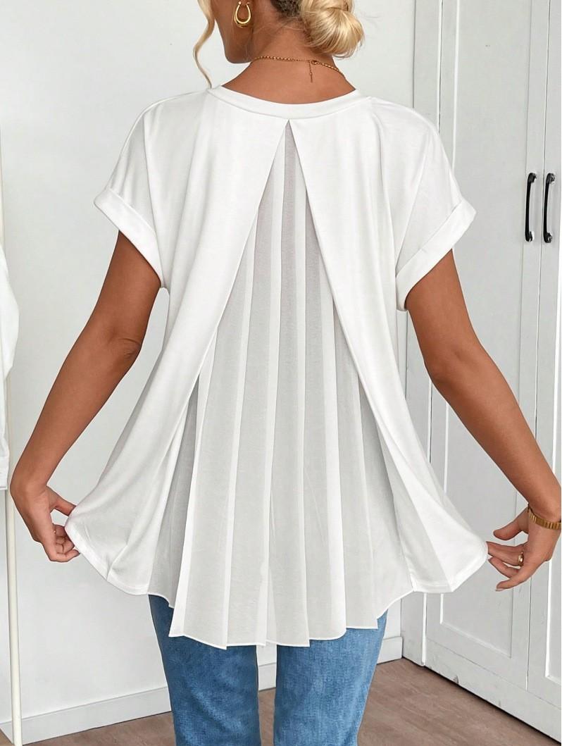 Womens Back Pleated V-Neck Short-Sleeve Top