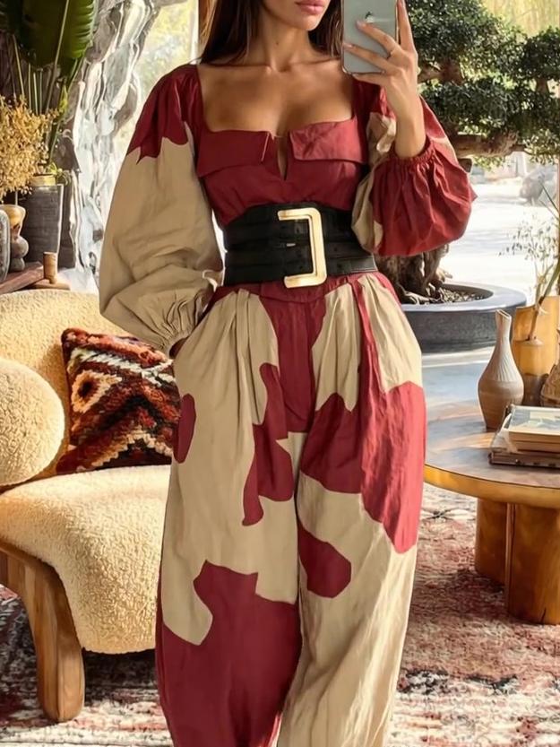 Red-Brown Colorblock Square Neck Puff-Sleeve Waist-Cinched Jumpsuit
