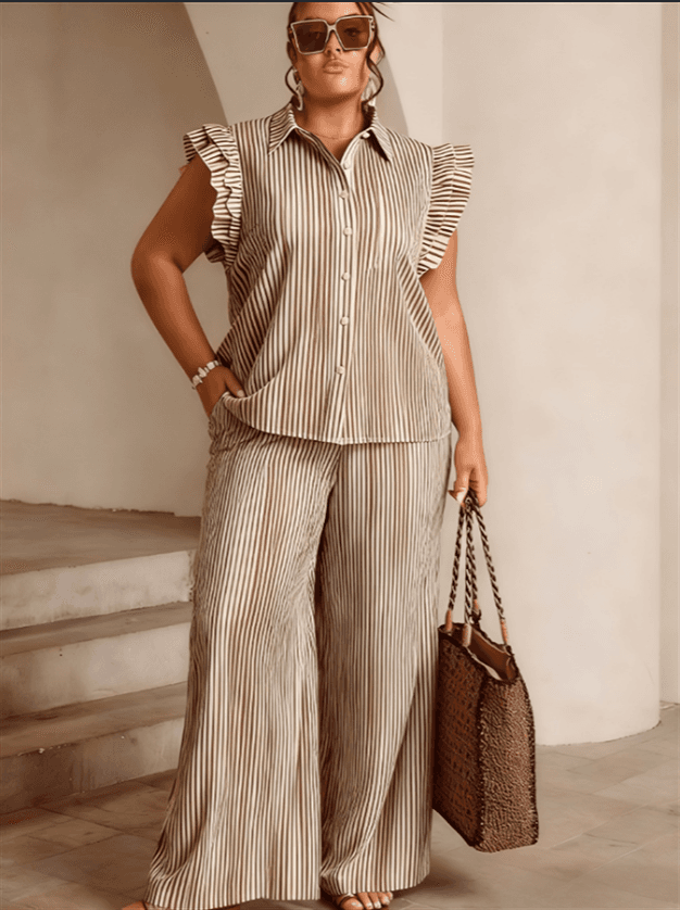 Plus Size Striped Ruffle Sleeve 2 Piece Outfit