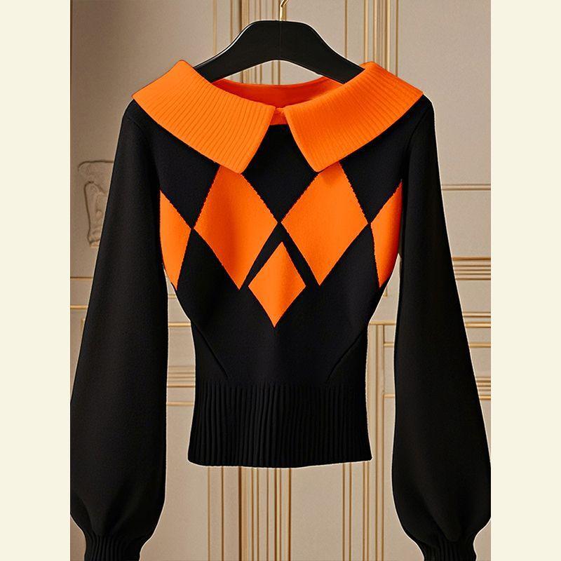 European Goods Western Style Unique Chic Niche Idle Style Black Diamond Plaid Sweater