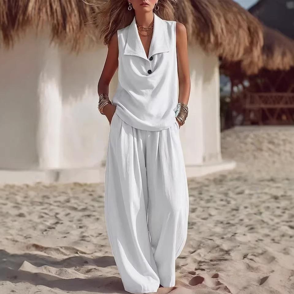 Solid-color Women's Flowing Collar Two-piece Set