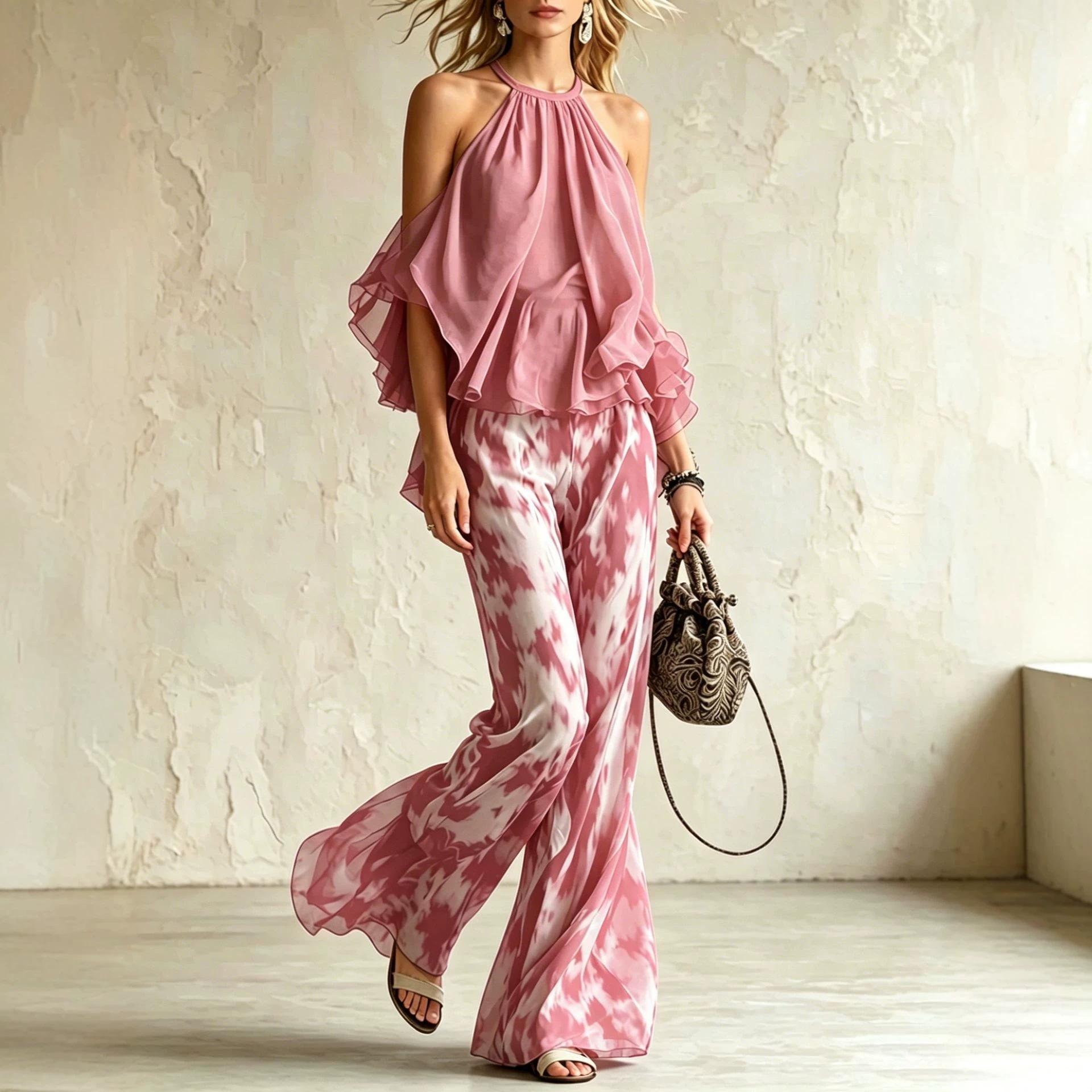 Sleeveless Halter-neck Top And Printed Wide-leg Pants Set