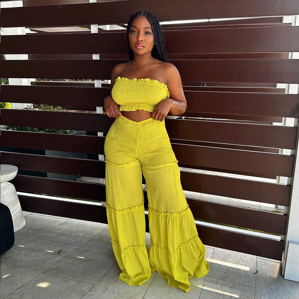 Smocking Wooden Ear Stitching Strapless Pants Two-piece Suit