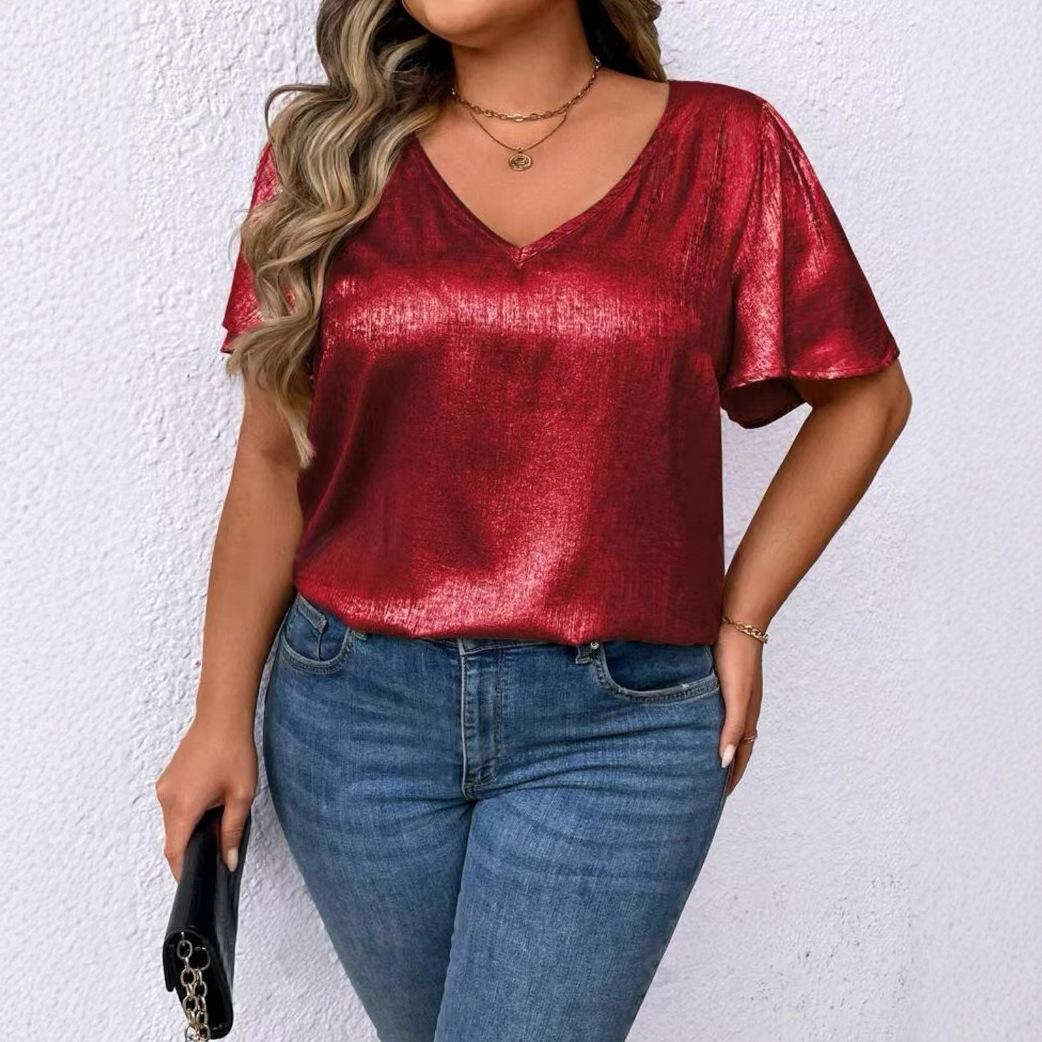 Loose-fit V-neck Solid-color Short-sleeve Top