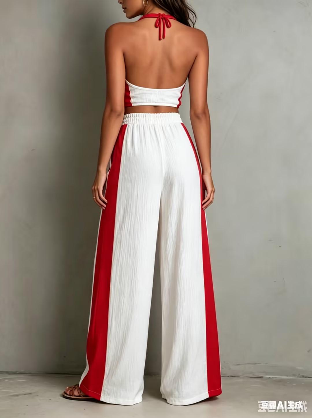 Contrast Color Casual Neckline Wide-Leg Set