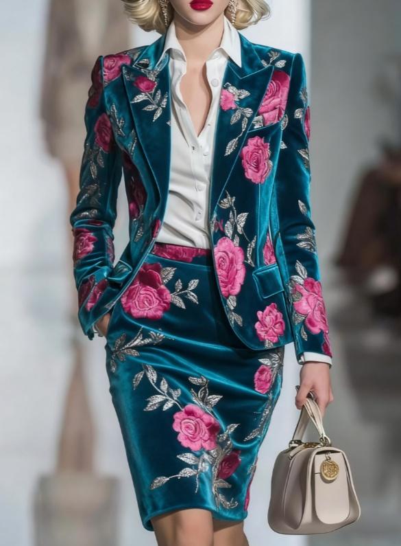 Elegant Velvet Printed Suit And Pencil Skirt Set