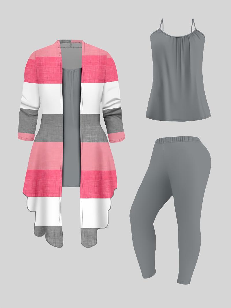Fashionable Women's 3-piece Suit, Striped Print Cardigan Jacket And Casual Pants Vest 3-piece Set