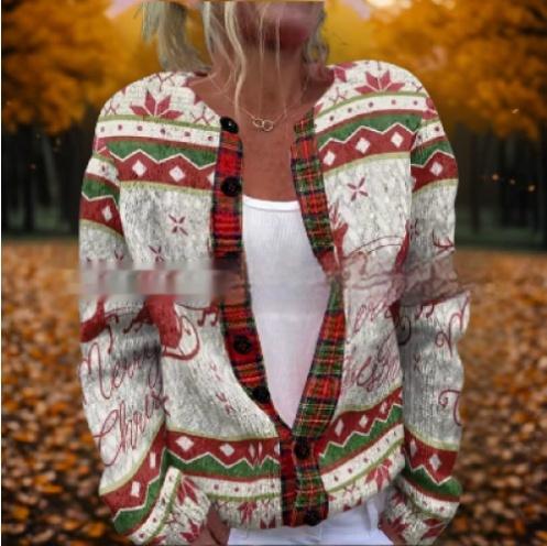 Round Neck Sweater Christmas Button Cardigan Long Sleeve Sweater