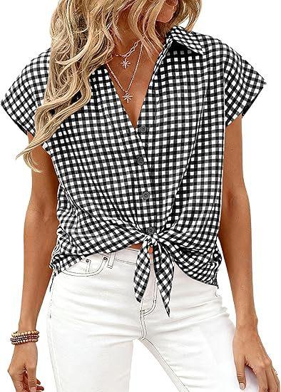 Womens Short-sleeve Plaid Button-up Blouse