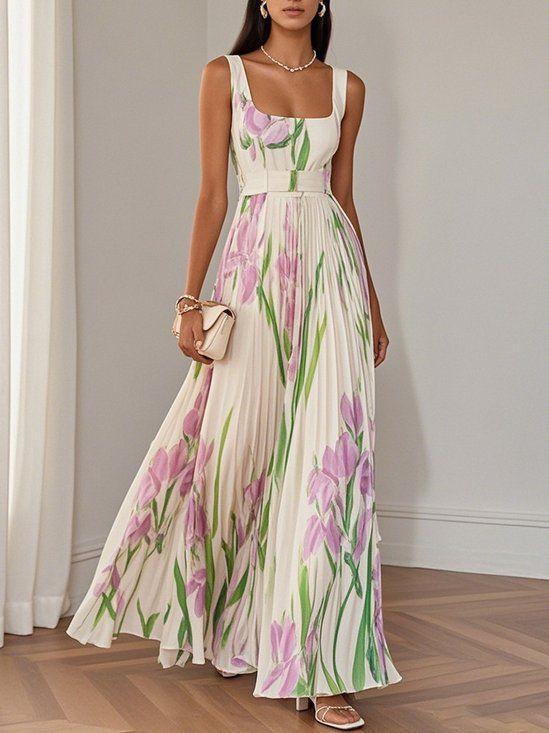 Sleeveless Formal Pleated Printed Dress
