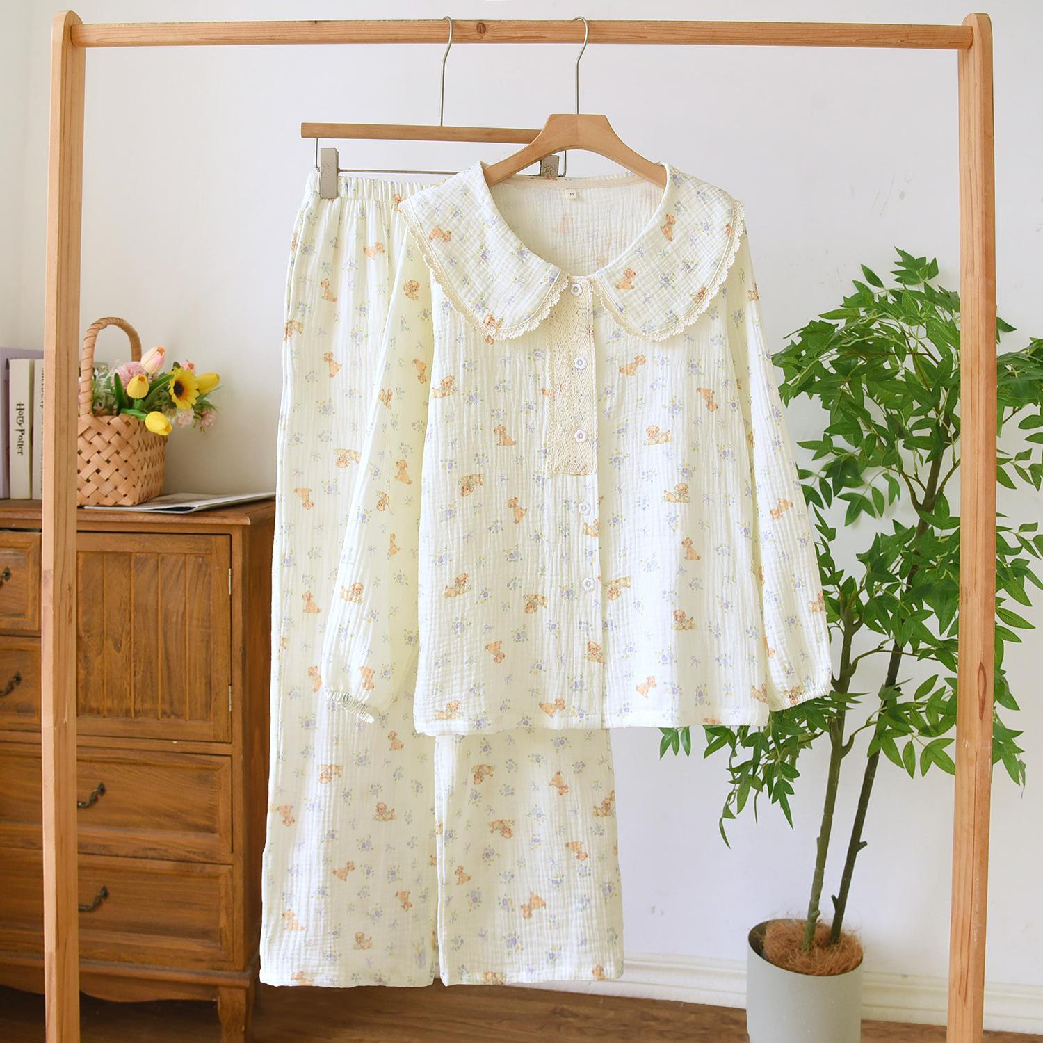 Double-layer Cotton Yarn Casual Comfortable Lace Doll Collar Long-sleeved Trousers