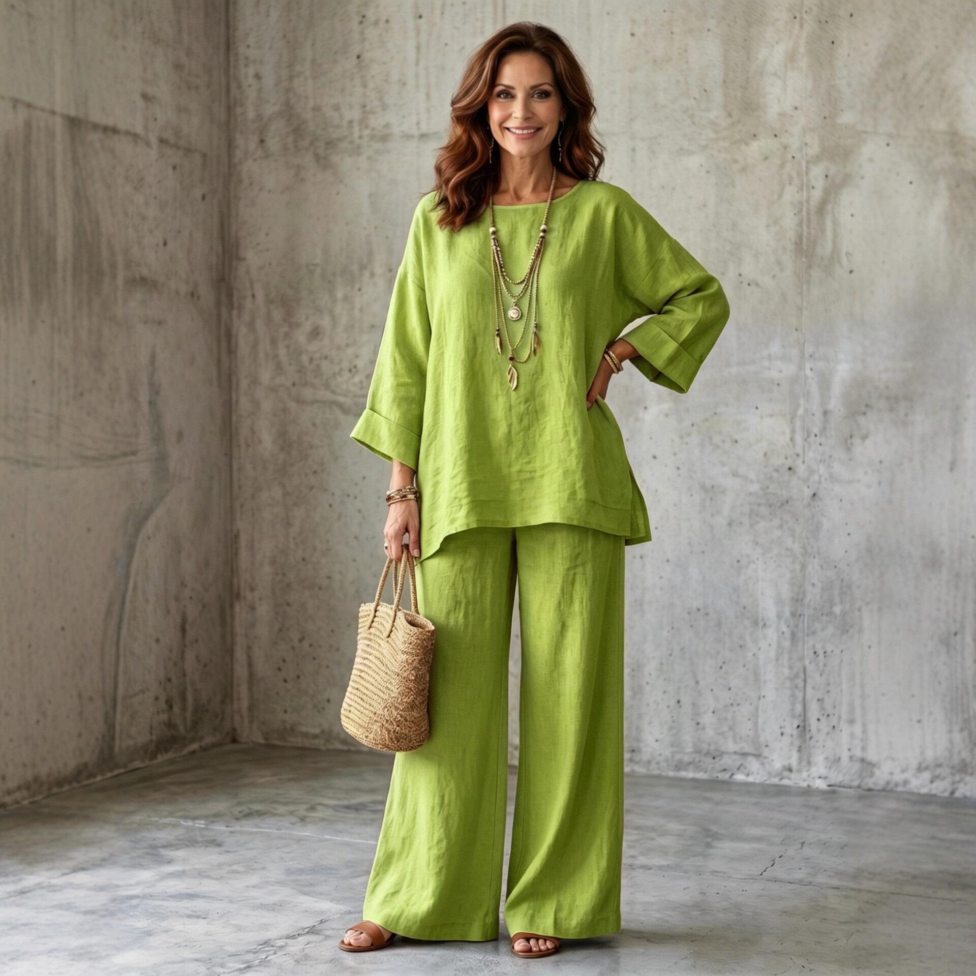 Women's Loose Round-Neck Shirt And Wide-Leg Pants Set