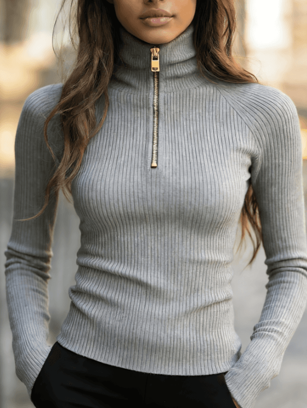 Women's American Retro Half-Zip High Neck Slim Fit Long Sleeve Knit Top