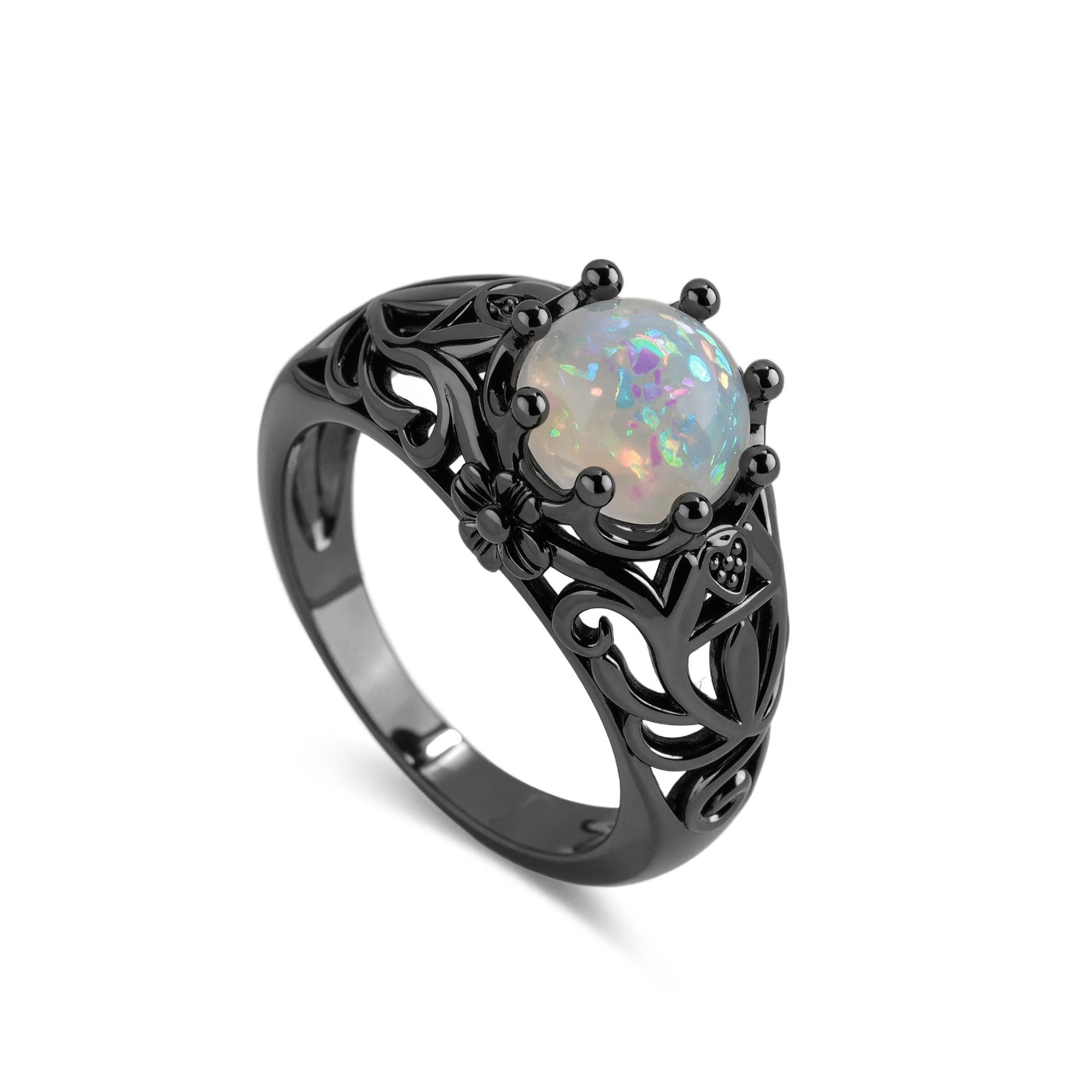 Dark Punk Style Thorn Cutout Gun Black Faux Opal Ring