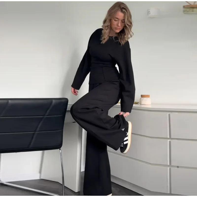 Fashion Long Sleeve O-neck Pleated Top Wide Leg Pants Women's Suit