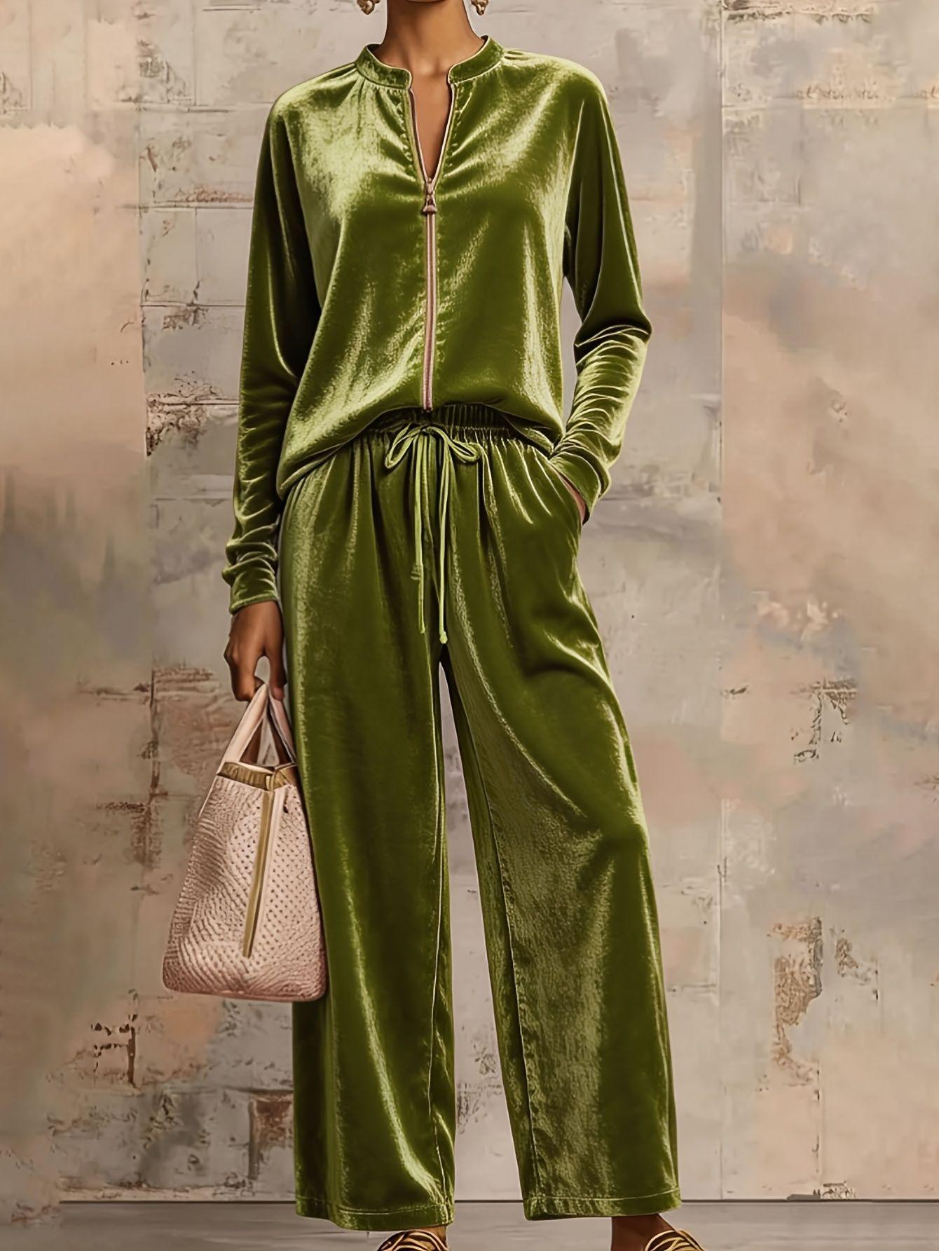 Velvet Hoodie Jacket & High Waist Wide Leg Pants Women's Outfit With Drapey Fabric