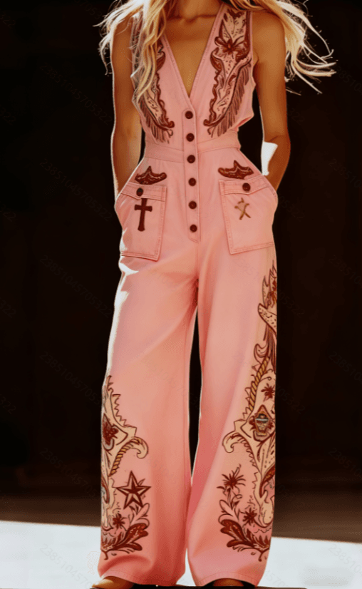 Sleeveless V-neck Single-breasted Wide-leg Jumpsuit