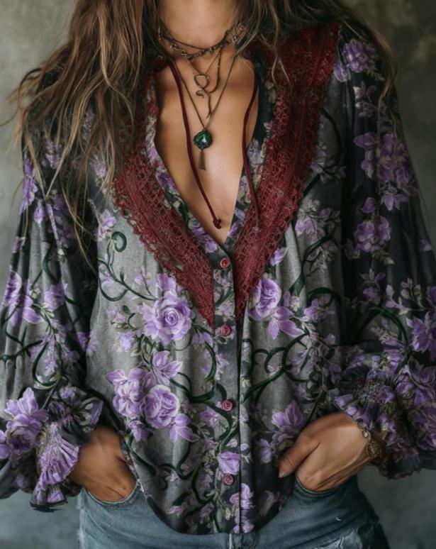 Retro-style Openwork Lace Deep V Lantern Sleeve Women's Loose Chiffon Blouse Top