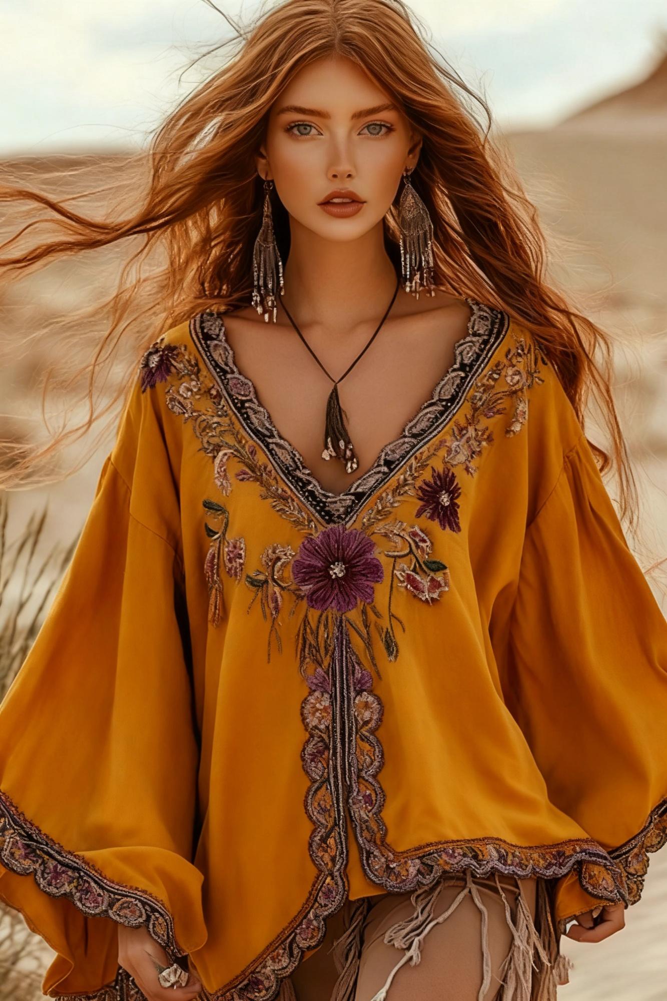 V-neck, Bell Sleeves, Casual Loose Top