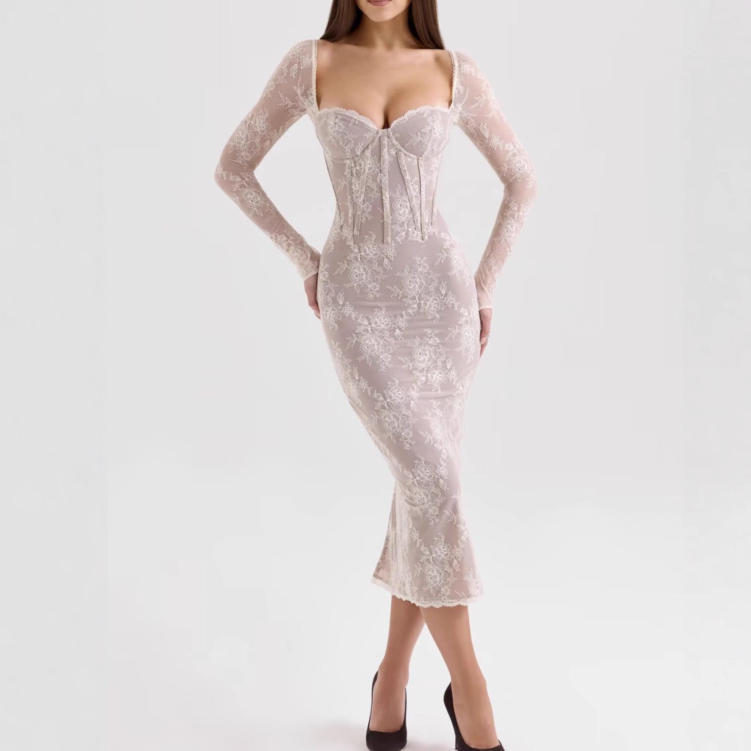 High-grade Retro Fashion Sexy Temperament Long Sleeve Lace Backless Dress