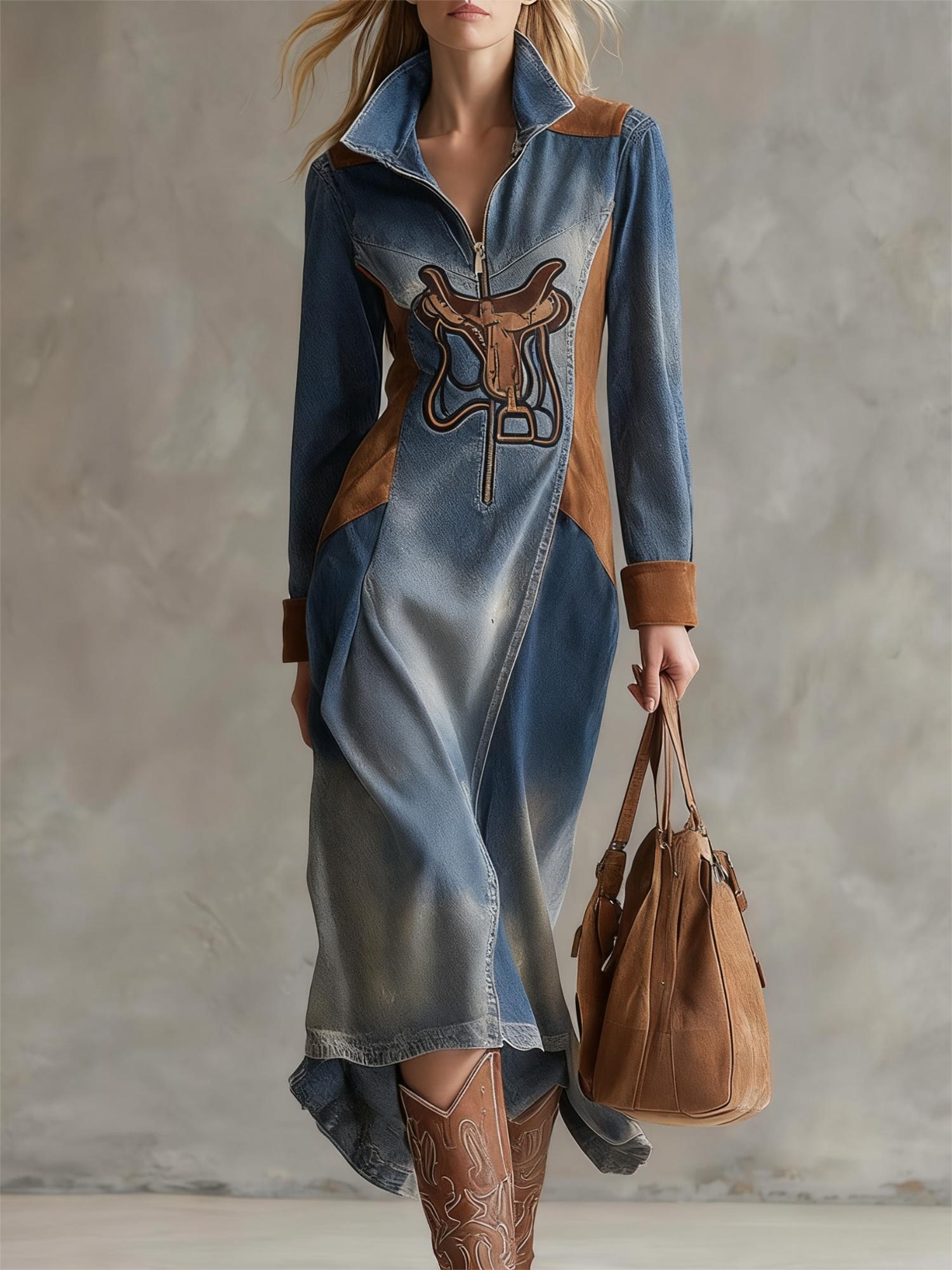 Western Retro Print Lapel Zipper Fitted Midi Long Sleeve Dress